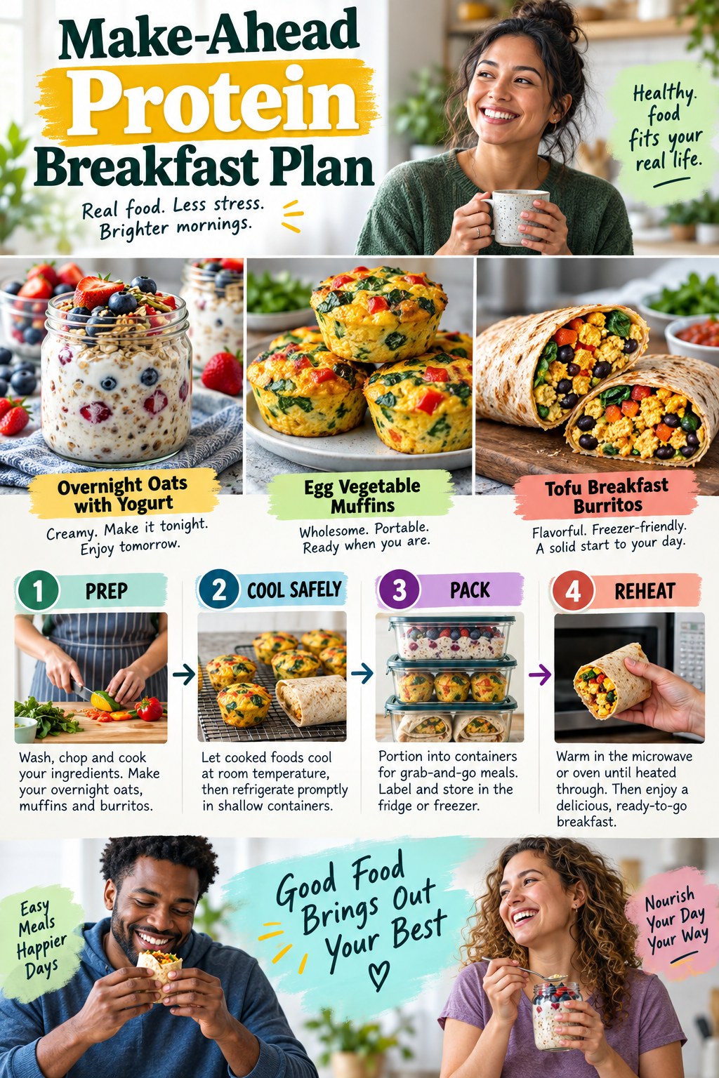 Portrait infographic showing overnight oats with yogurt, vegetable egg muffins, and tofu breakfast burritos with prep, cooling, packing and reheating steps.