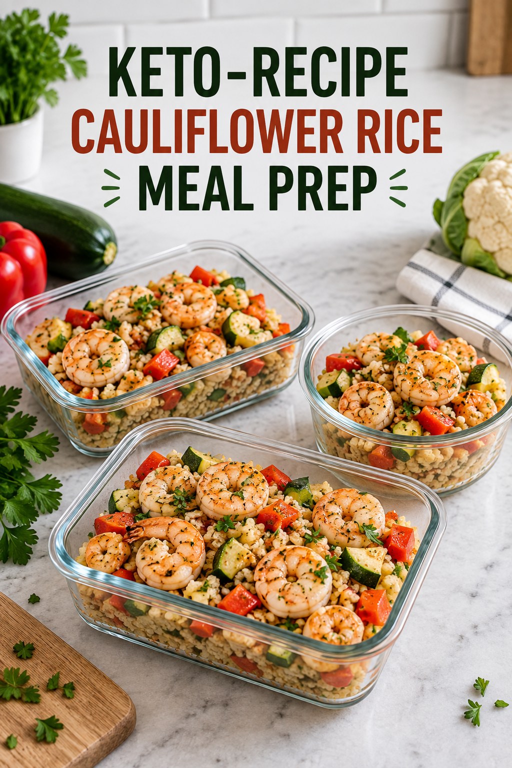 Three containers of make-ahead shrimp cauliflower rice pepper bowls with shrimp, cauliflower rice, bell pepper, and zucchini.