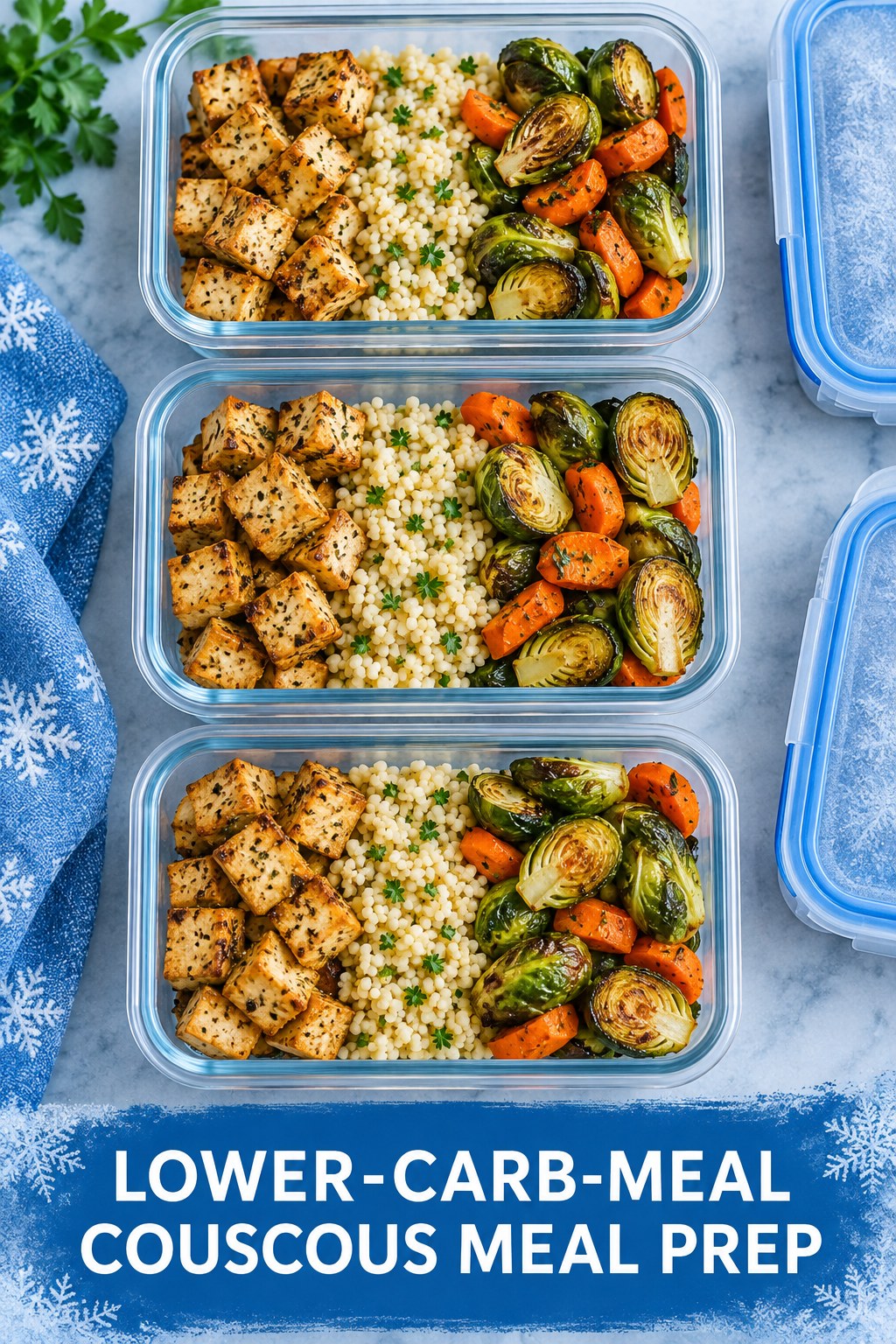 Three containers of make-ahead tofu couscous brussels sprouts bowls with tofu, couscous, Brussels sprouts, and carrot.