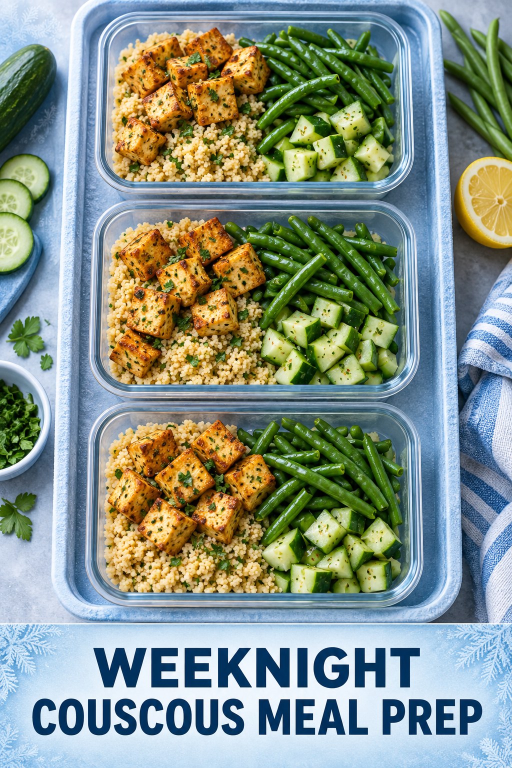 Three containers of make-ahead tofu couscous green beans bowls with tofu, couscous, green beans, and cucumber.