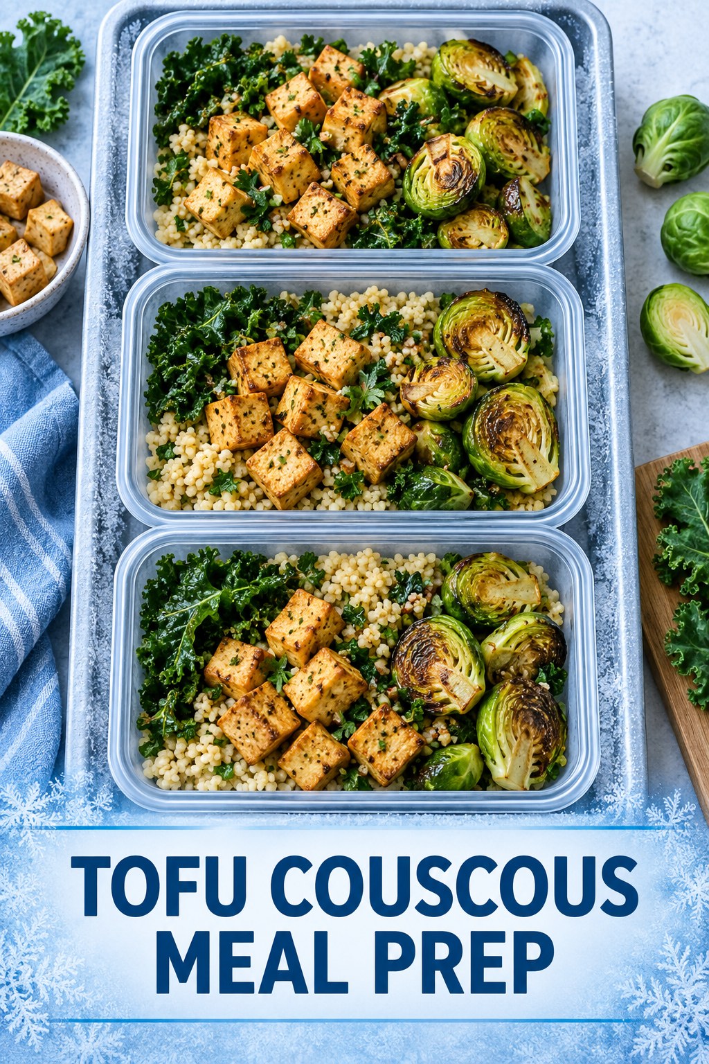Three containers of make-ahead tofu couscous kale bowls with tofu, couscous, kale, and Brussels sprouts.