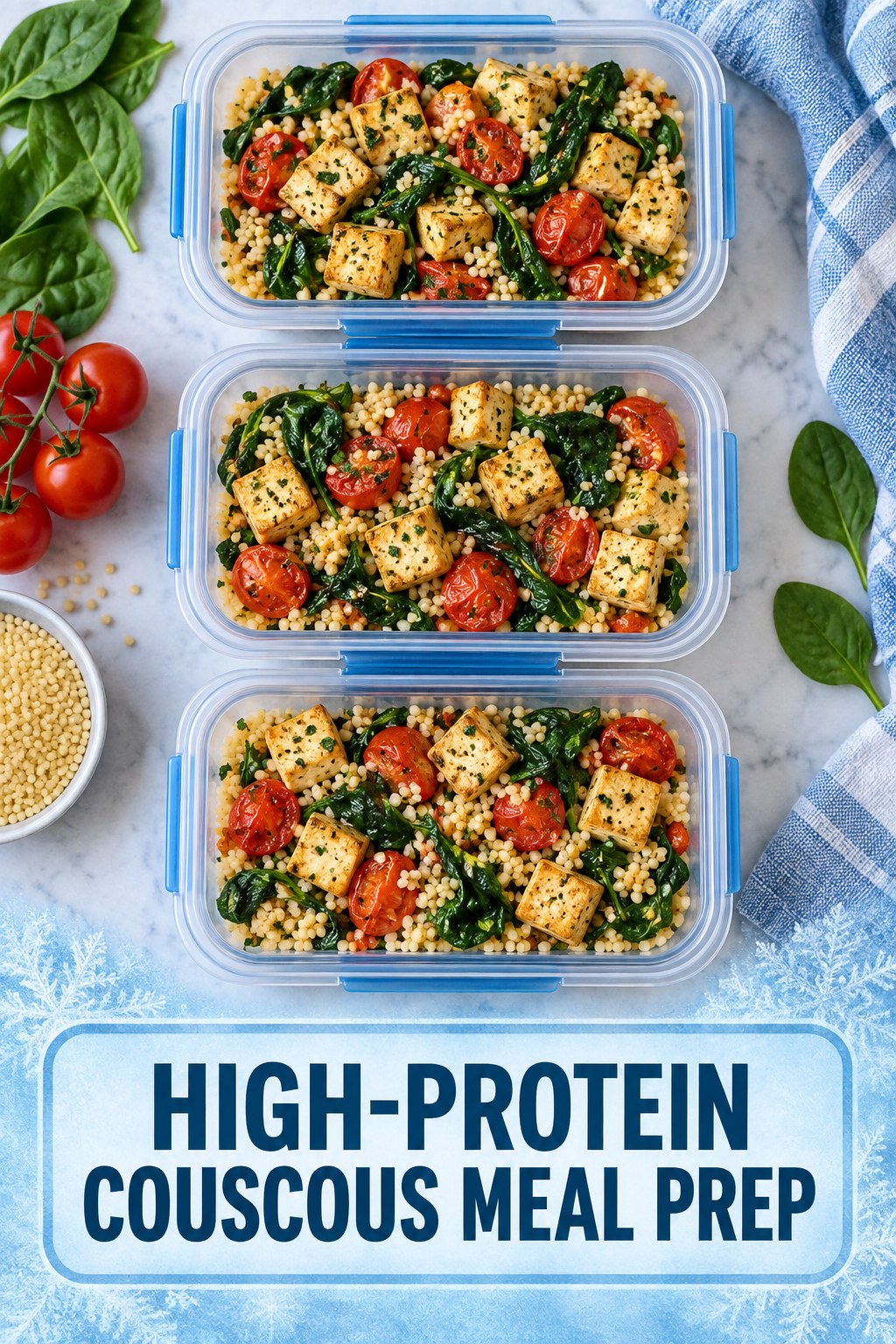 Three containers of make-ahead tofu couscous spinach bowls with tofu, couscous, spinach, and tomato.