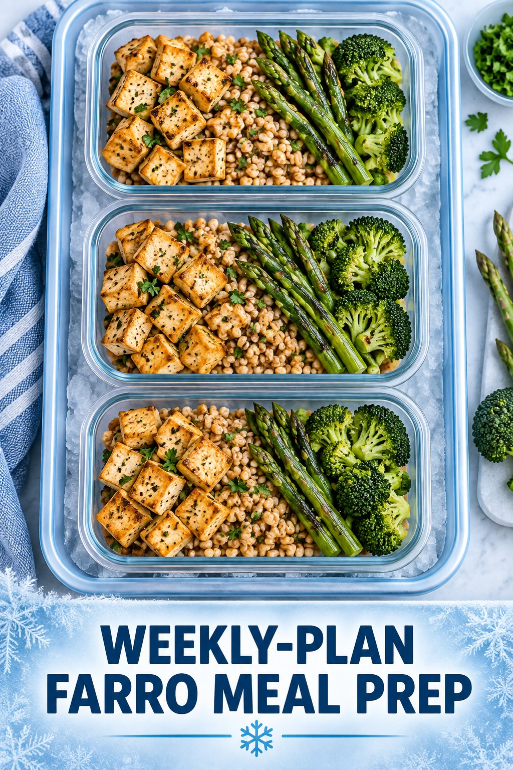 Three containers of make-ahead tofu farro asparagus bowls with tofu, farro, asparagus, and broccoli.