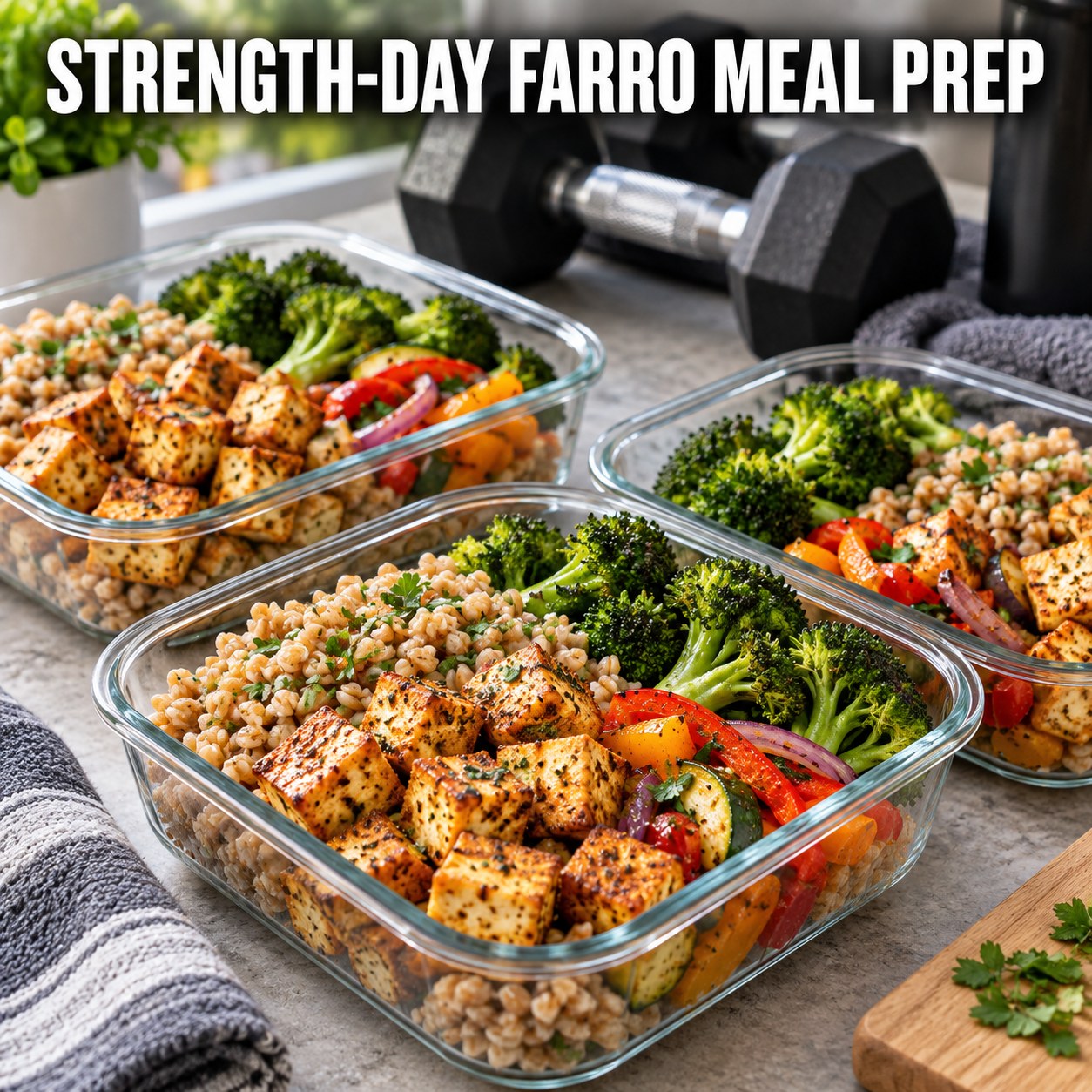 Three containers of make-ahead tofu farro broccoli bowls with tofu, farro, broccoli, and cabbage.