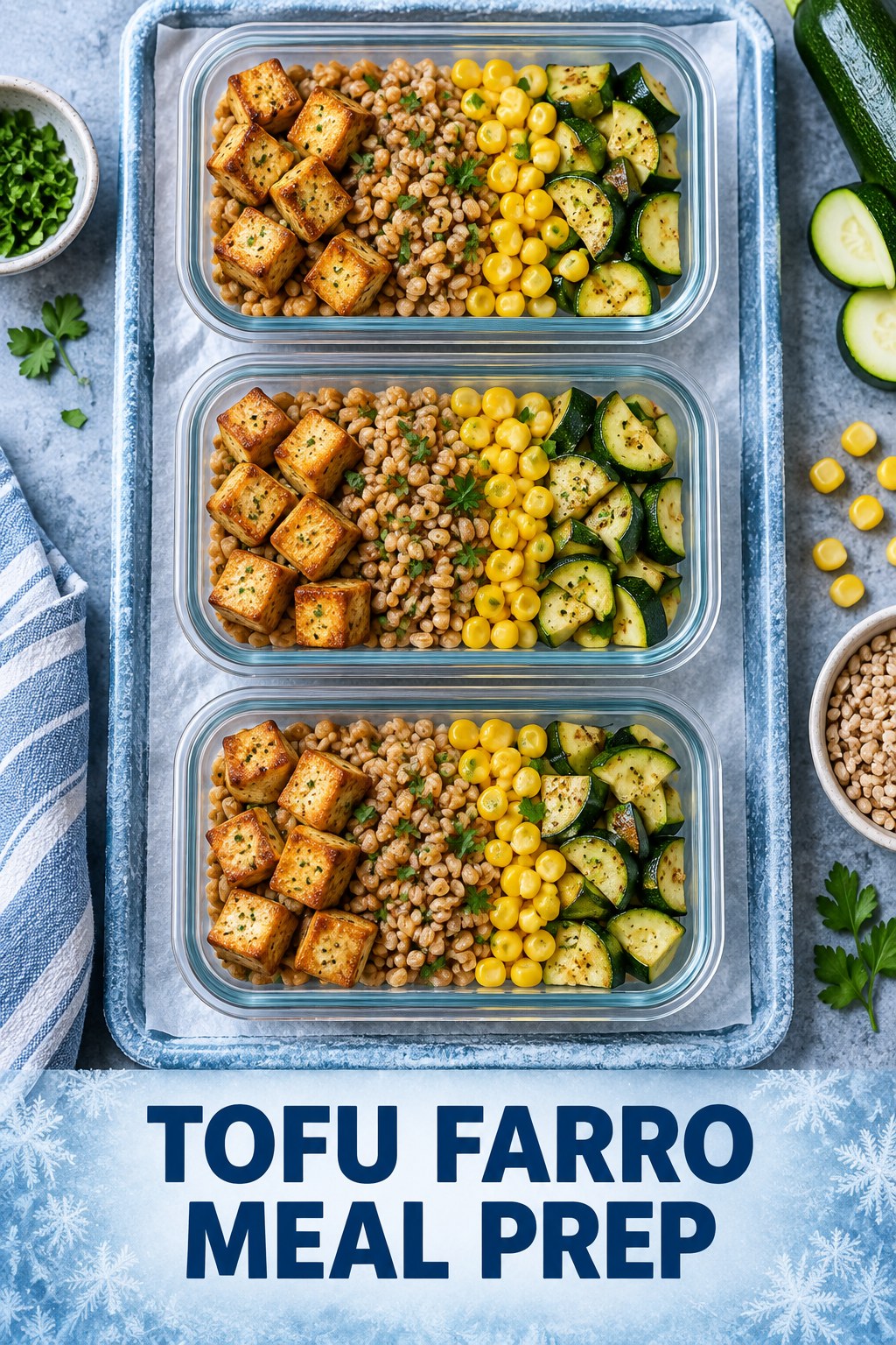 Three containers of make-ahead tofu farro corn bowls with tofu, farro, corn, and zucchini.