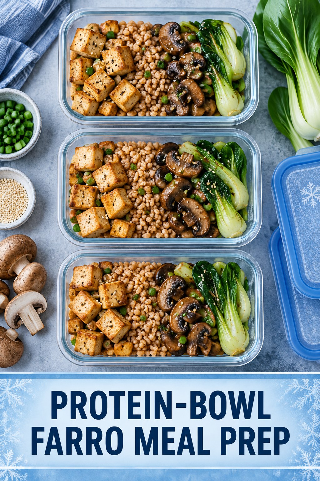 Three containers of make-ahead tofu farro mushrooms bowls with tofu, farro, mushrooms, and bok choy.