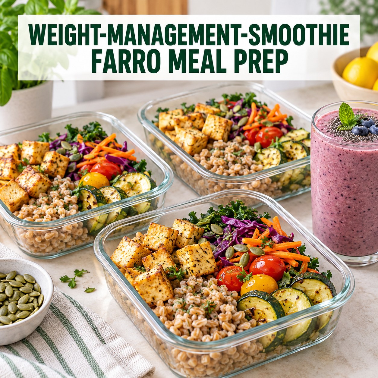 Three containers of make-ahead tofu farro zucchini bowls with tofu, farro, zucchini, and cauliflower.