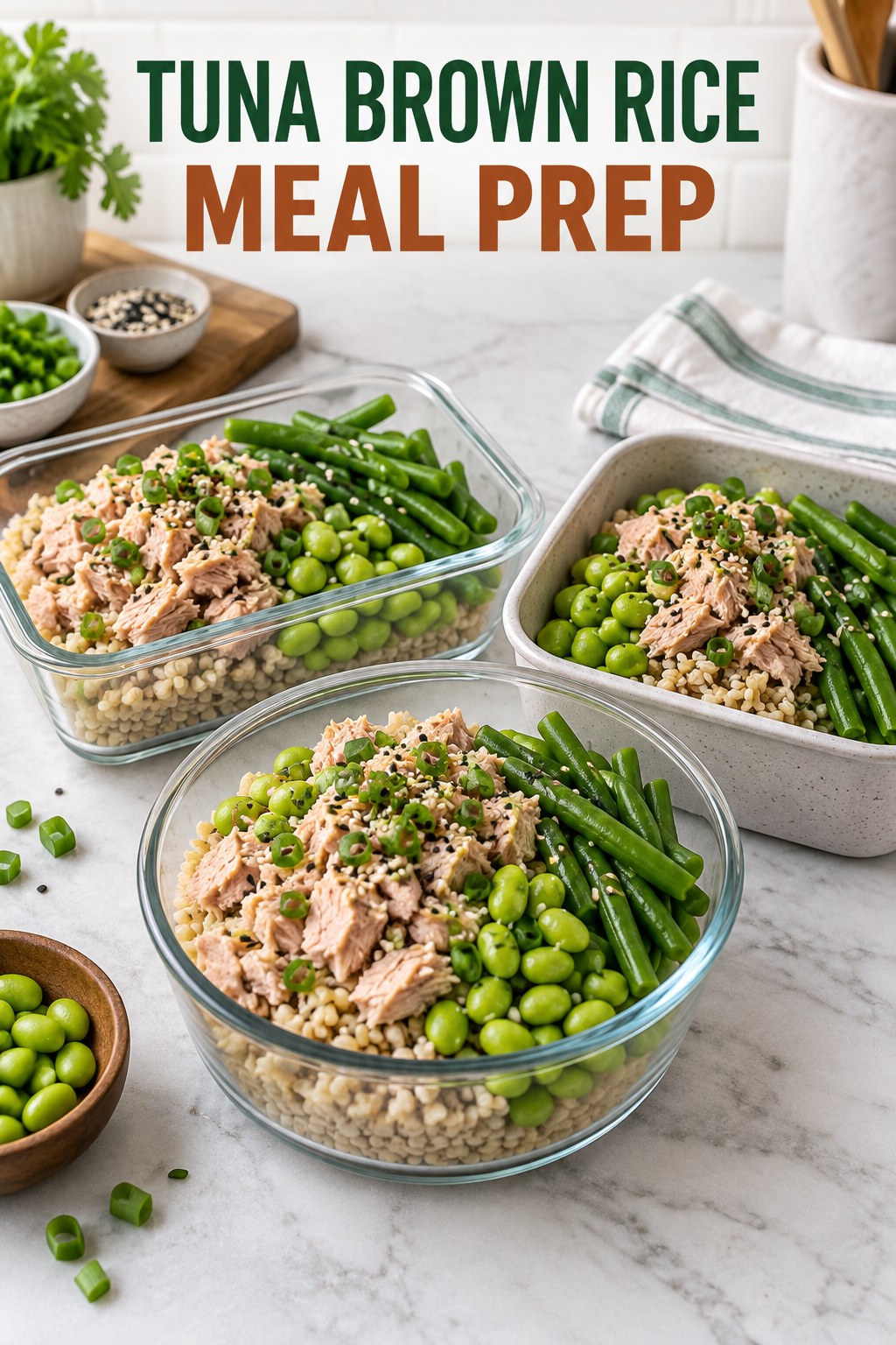 Three containers of make-ahead tuna brown rice edamame bowls with tuna, brown rice, edamame, and green beans.