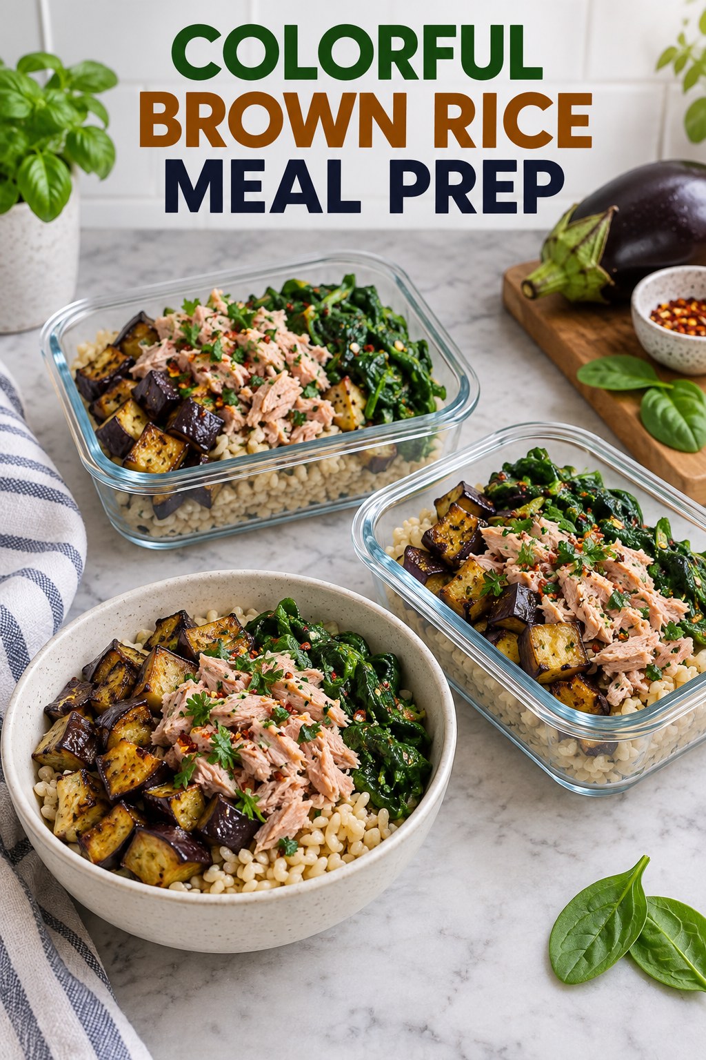 Three containers of make-ahead tuna brown rice eggplant bowls with tuna, brown rice, eggplant, and spinach.