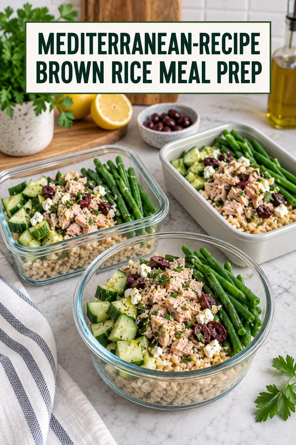 Three containers of make-ahead tuna brown rice green beans bowls with tuna, brown rice, green beans, and cucumber.