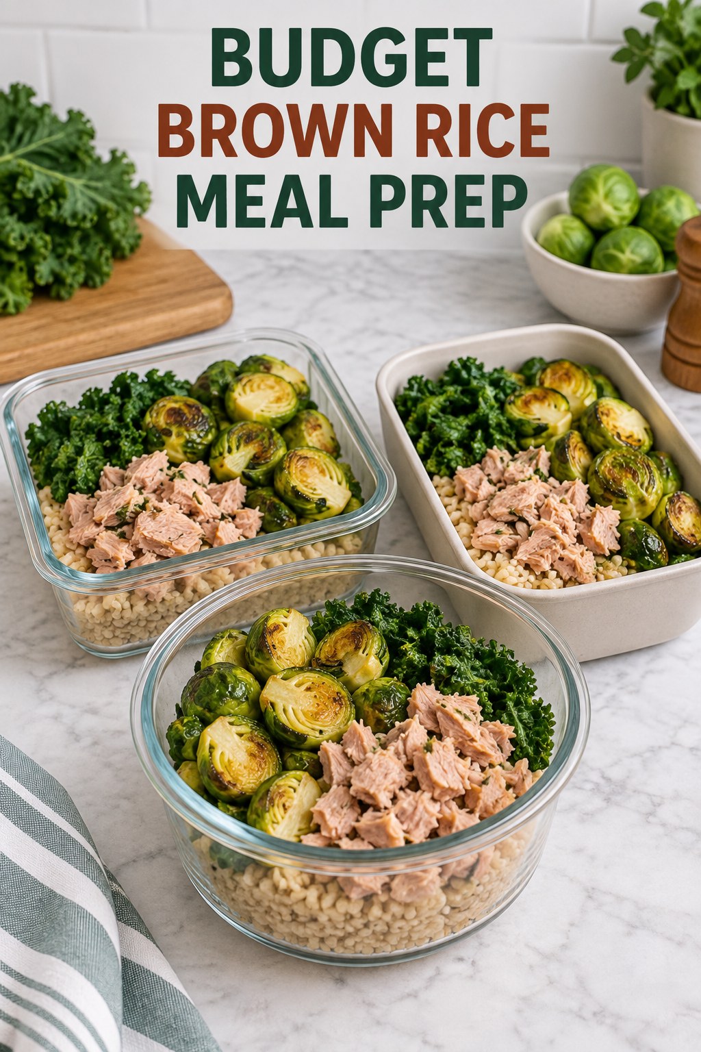 Three containers of make-ahead tuna brown rice kale bowls with tuna, brown rice, kale, and Brussels sprouts.