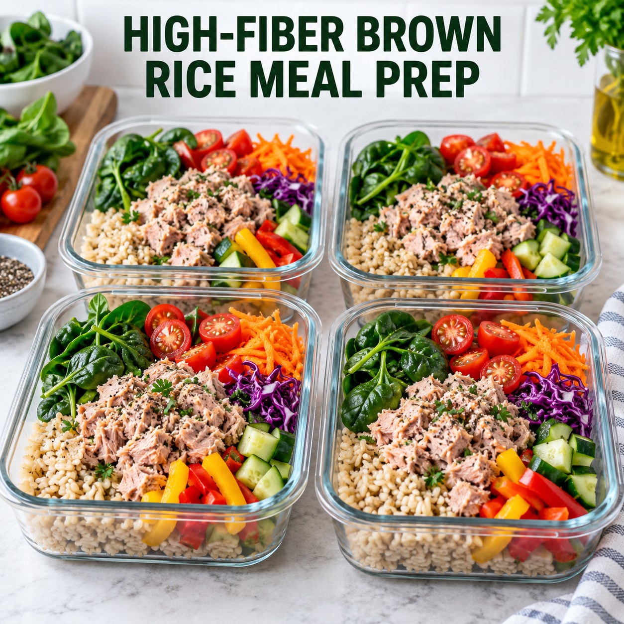 Three containers of make-ahead tuna brown rice spinach bowls with tuna, brown rice, spinach, and tomato.