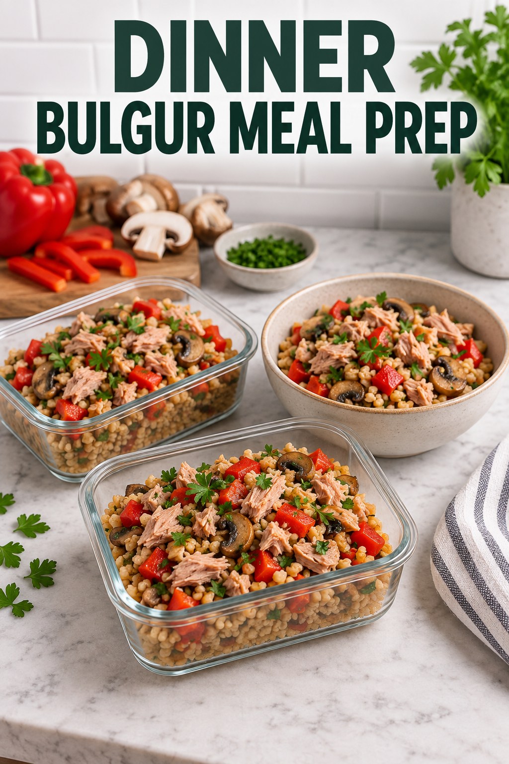 Three containers of make-ahead tuna bulgur bell pepper bowls with tuna, bulgur, bell pepper, and mushrooms.