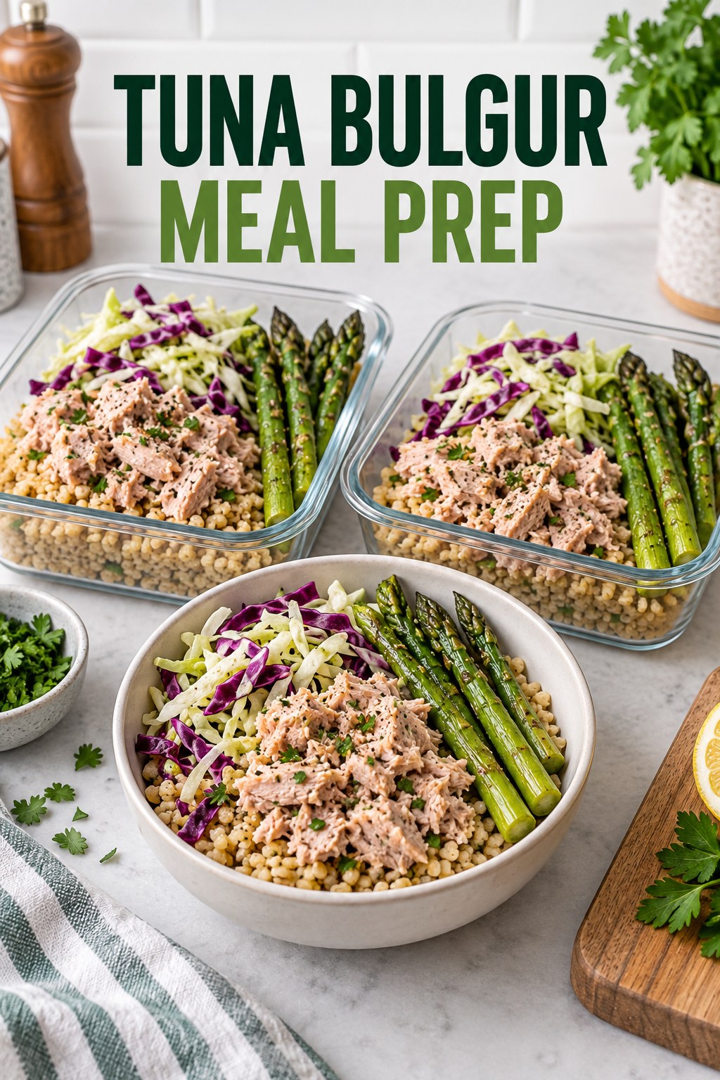 Three containers of make-ahead tuna bulgur cabbage bowls with tuna, bulgur, cabbage, and asparagus.