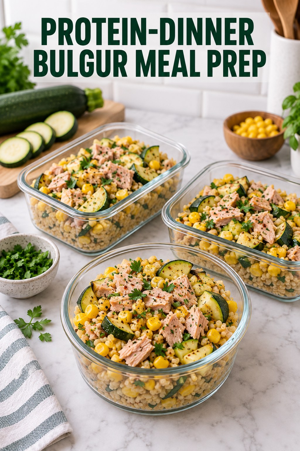 Three containers of make-ahead tuna bulgur corn bowls with tuna, bulgur, corn, and zucchini.