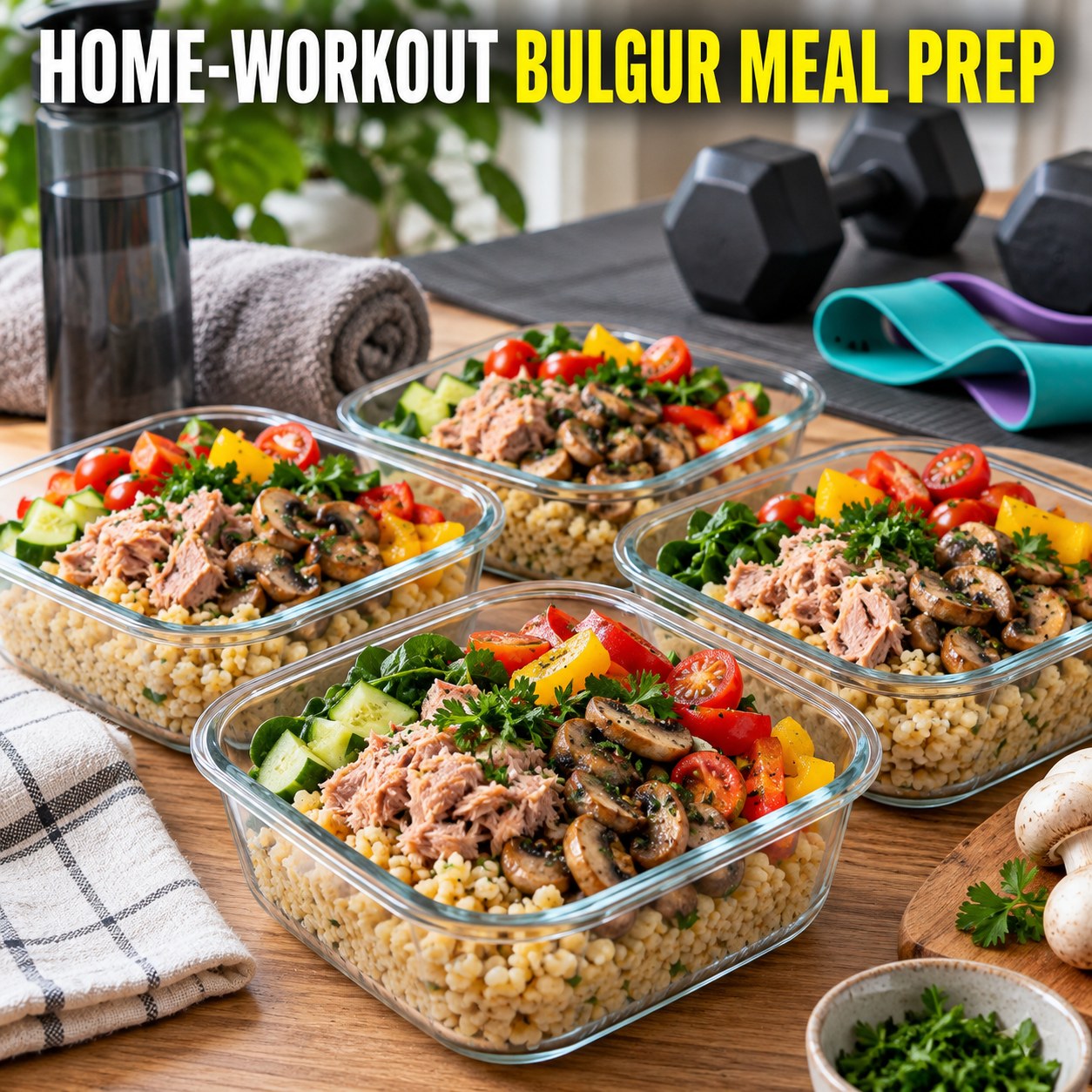 Three containers of make-ahead tuna bulgur mushrooms bowls with tuna, bulgur, mushrooms, and bok choy.
