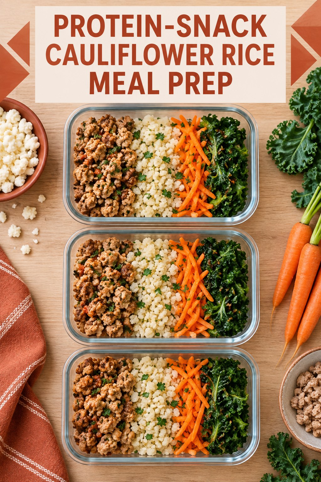 Three containers of make-ahead turkey cauliflower rice carrot bowls with turkey, cauliflower rice, carrot, and kale.