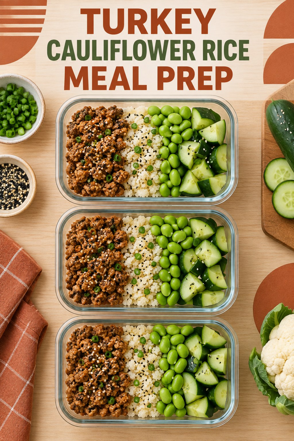 Three containers of make-ahead turkey cauliflower rice cucumber bowls with turkey, cauliflower rice, cucumber, and edamame.