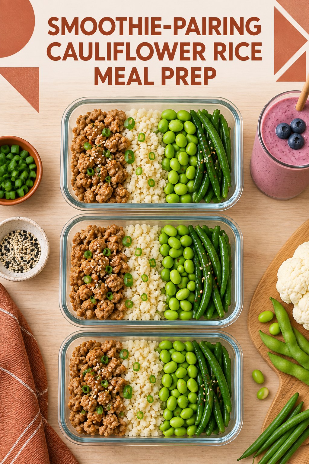 Three containers of make-ahead turkey cauliflower rice edamame bowls with turkey, cauliflower rice, edamame, and green beans.