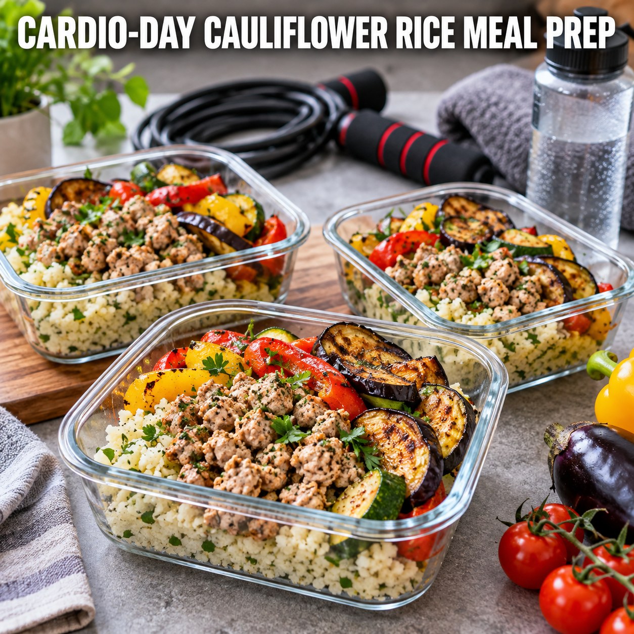 Three containers of make-ahead turkey cauliflower rice eggplant bowls with turkey, cauliflower rice, eggplant, and spinach.