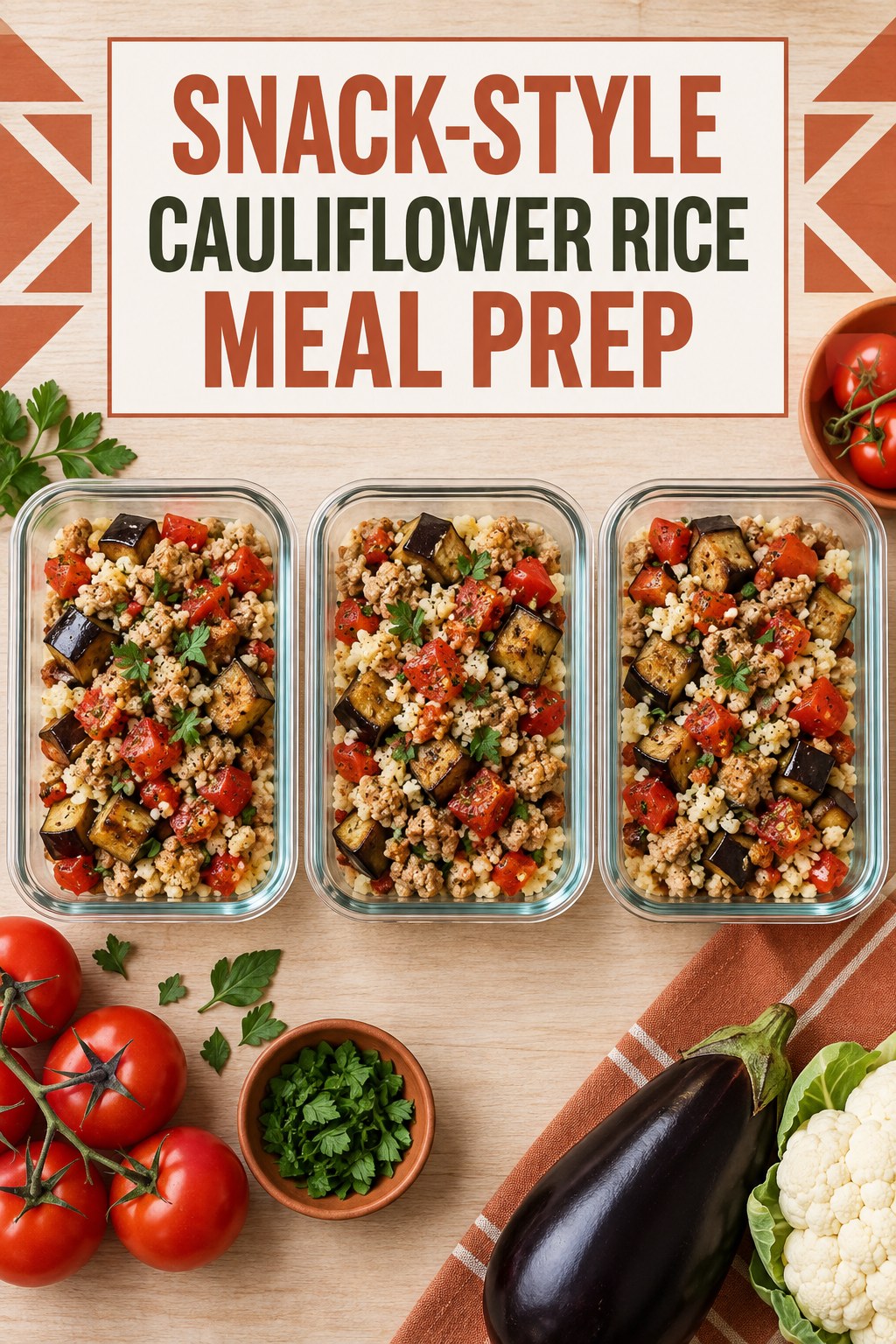 Three containers of make-ahead turkey cauliflower rice tomato bowls with turkey, cauliflower rice, tomato, and eggplant.