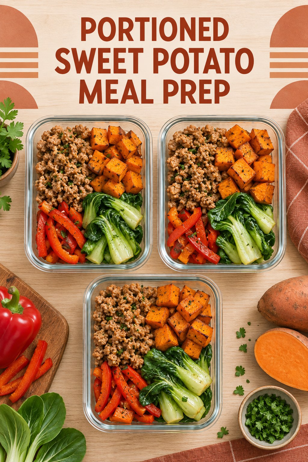 Three containers of make-ahead turkey sweet potato bok choy bowls with turkey, sweet potato, bok choy, and bell pepper.