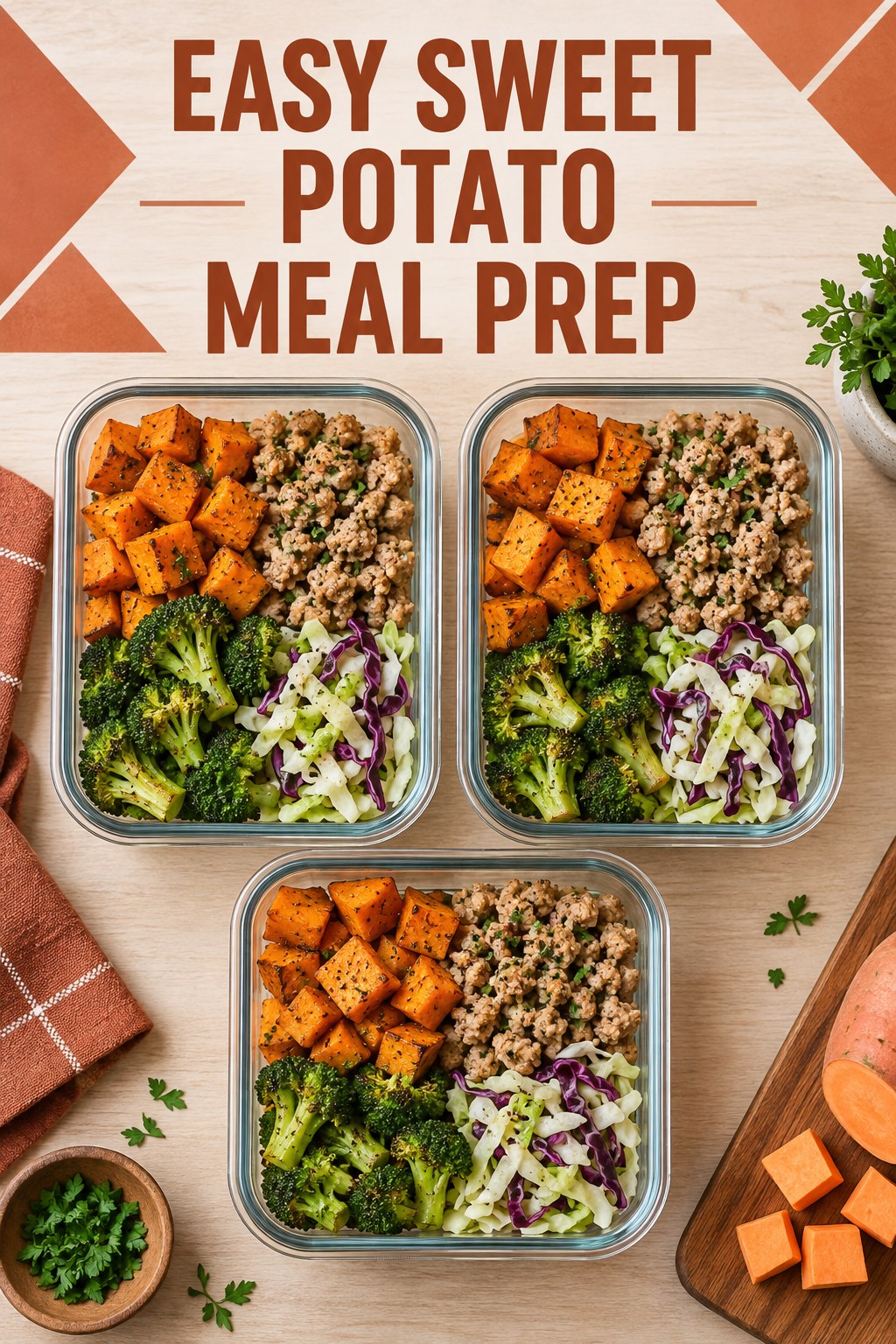 Three containers of make-ahead turkey sweet potato broccoli bowls with turkey, sweet potato, broccoli, and cabbage.