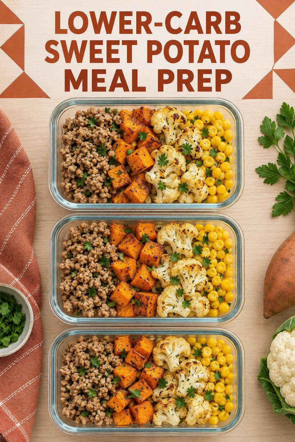 Three containers of make-ahead turkey sweet potato cauliflower bowls with turkey, sweet potato, cauliflower, and corn.