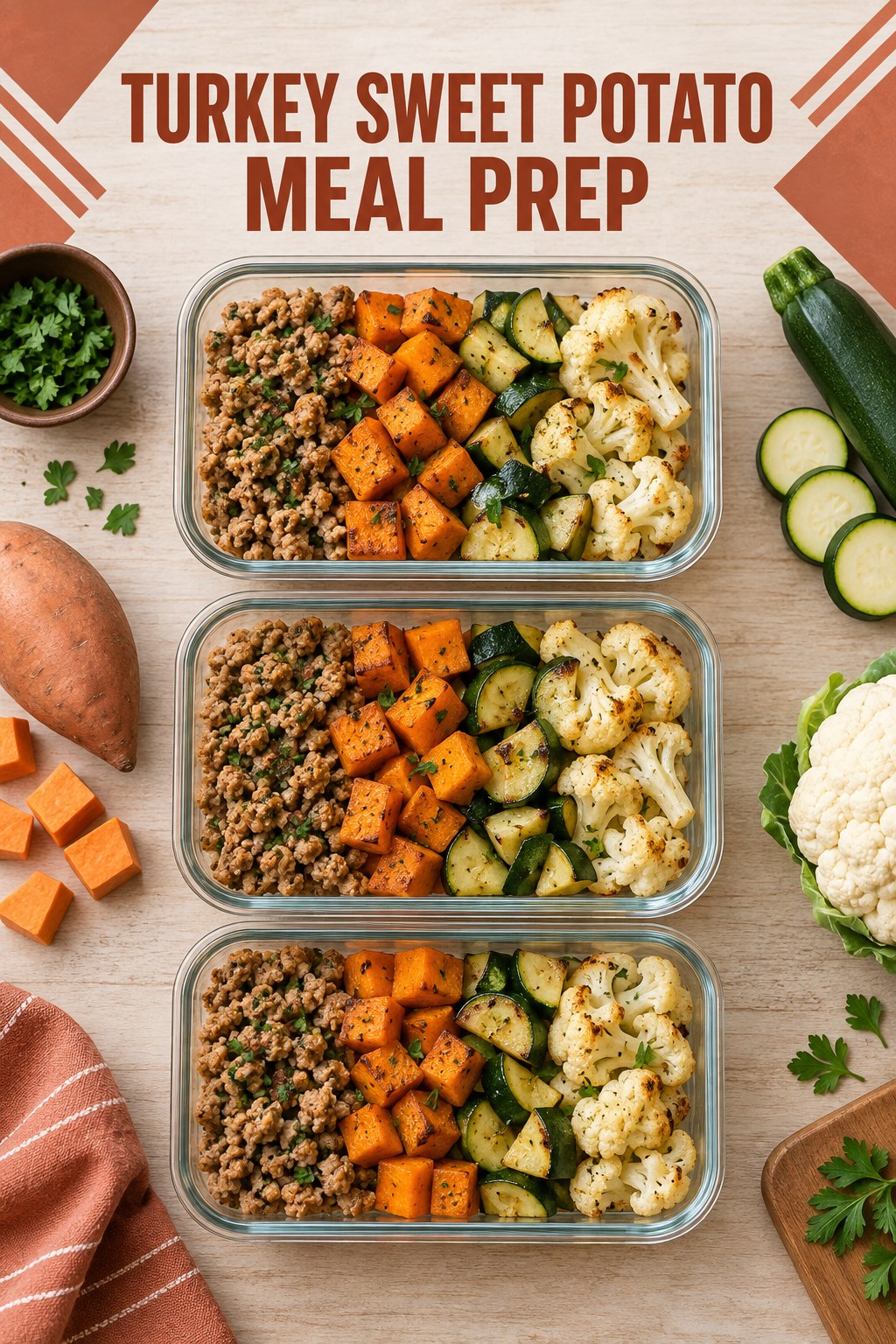 Three containers of make-ahead turkey sweet potato zucchini bowls with turkey, sweet potato, zucchini, and cauliflower.