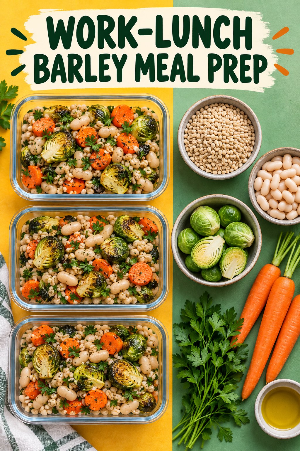 Three containers of make-ahead white beans barley brussels sprouts bowls with white beans, barley, Brussels sprouts, and carrot.