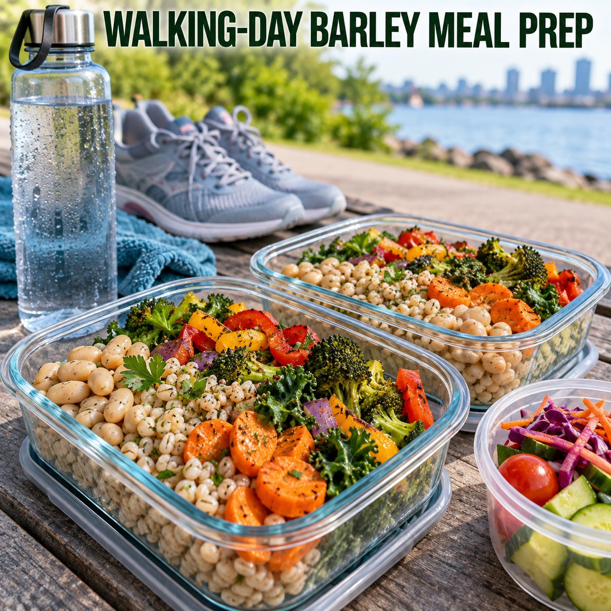 Three containers of make-ahead white beans barley carrot bowls with white beans, barley, carrot, and kale.