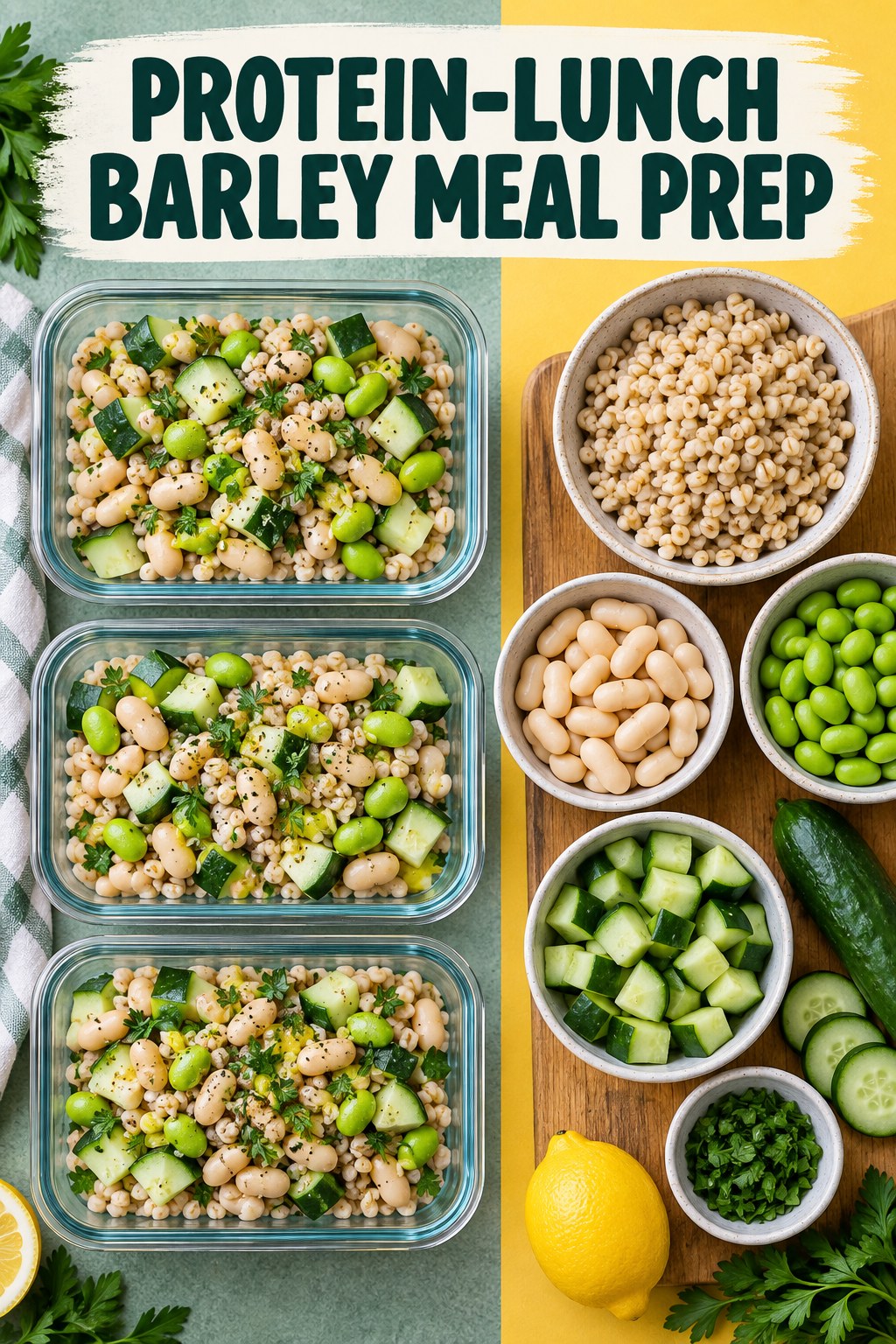 Three containers of make-ahead white beans barley cucumber bowls with white beans, barley, cucumber, and edamame.