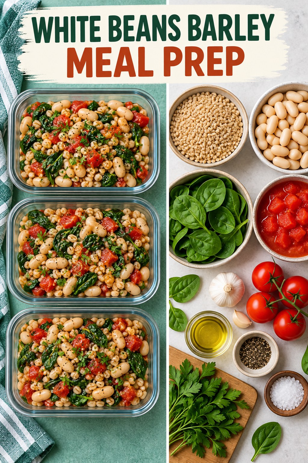 Three containers of make-ahead white beans barley spinach bowls with white beans, barley, spinach, and tomato.