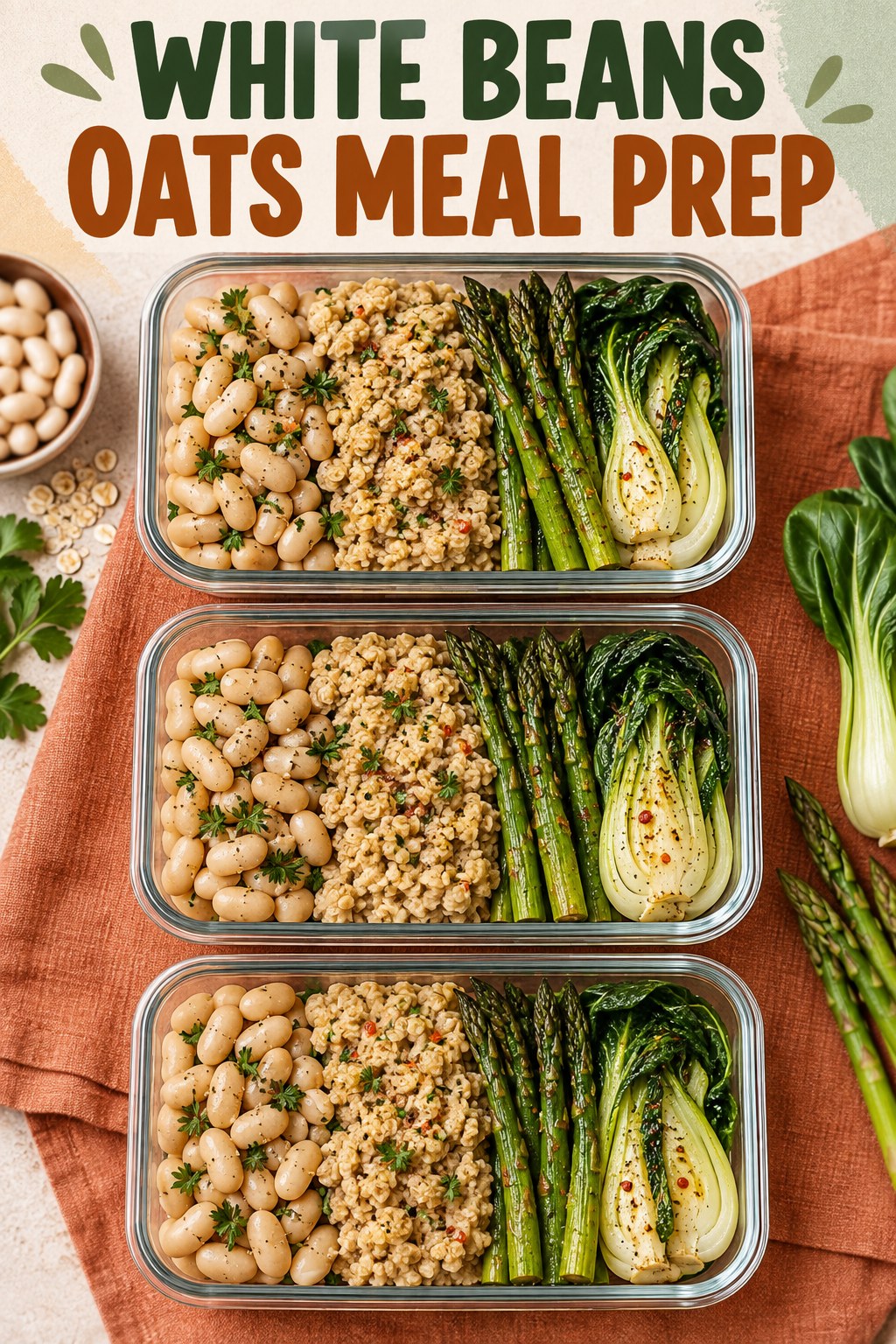 Three containers of make-ahead white beans oats asparagus bowls with white beans, oats, asparagus, and broccoli.