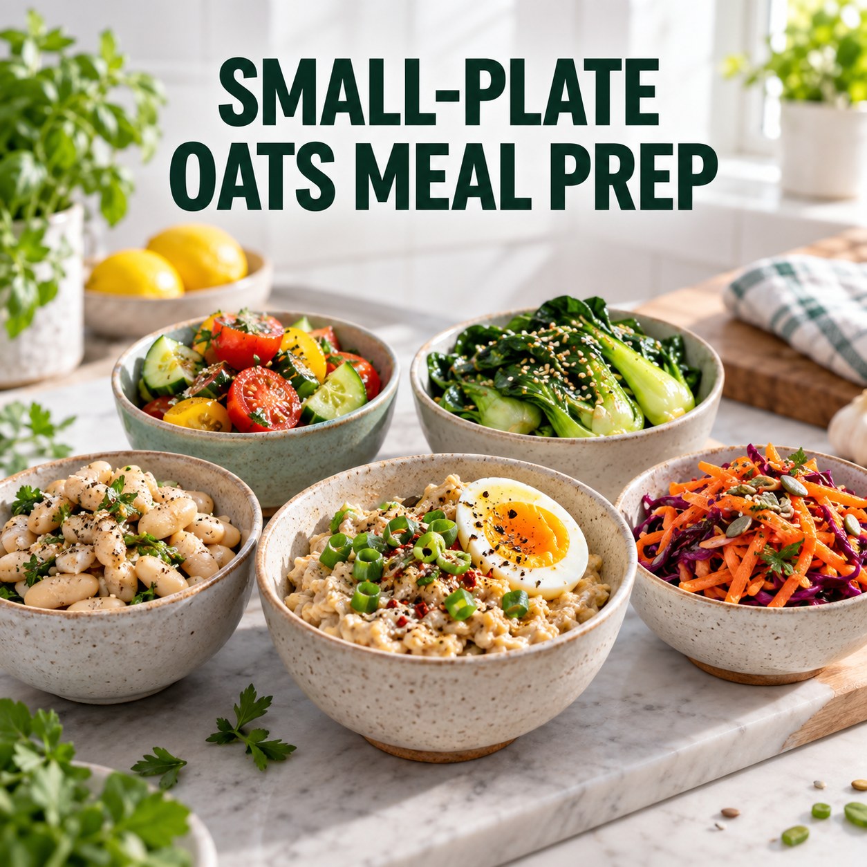 Three containers of make-ahead white beans oats bok choy bowls with white beans, oats, bok choy, and bell pepper.