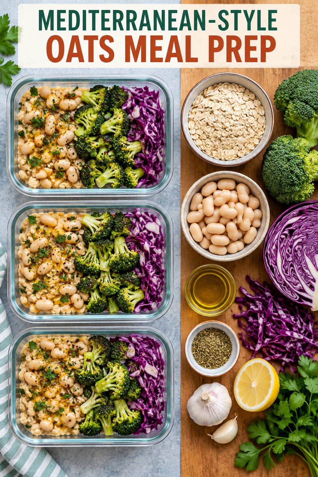 Three containers of make-ahead white beans oats broccoli bowls with white beans, oats, broccoli, and cabbage.