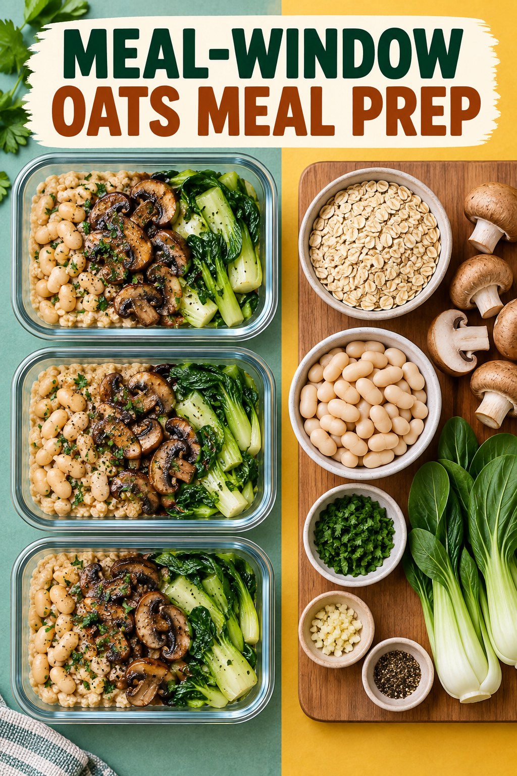 Three containers of make-ahead white beans oats mushrooms bowls with white beans, oats, mushrooms, and bok choy.
