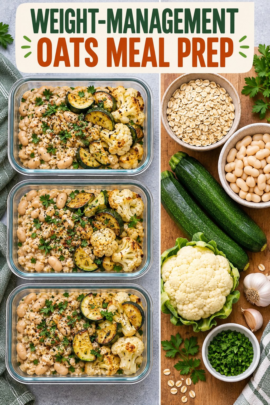 Three containers of make-ahead white beans oats zucchini bowls with white beans, oats, zucchini, and cauliflower.
