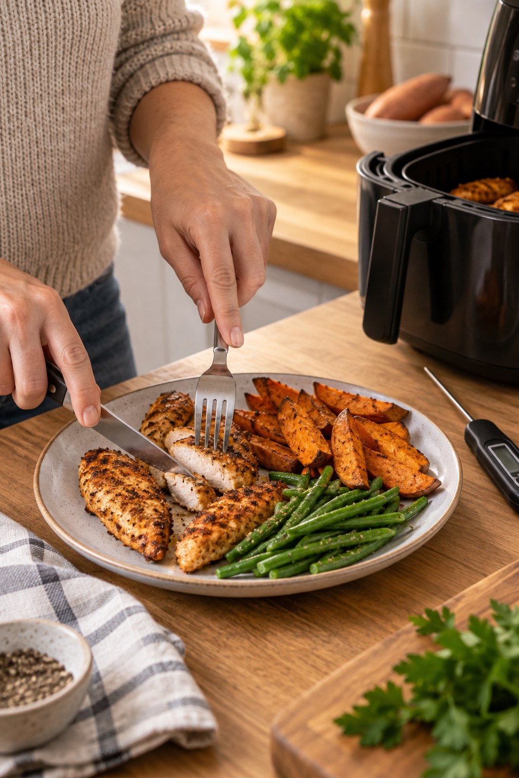Adult slicing cooked air-fryer chicken tenders beside sweet potato wedges, green beans, and a food thermometer.