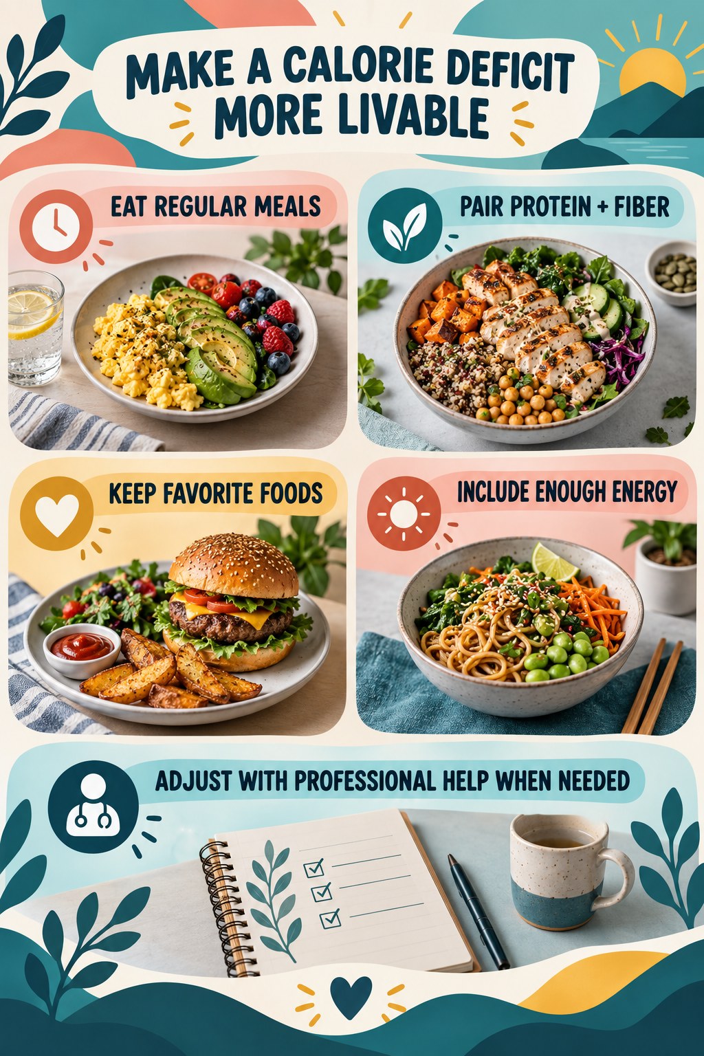 Portrait infographic showing four ways to make a calorie deficit more livable: regular meals, protein and fiber, favorite foods, and enough energy.