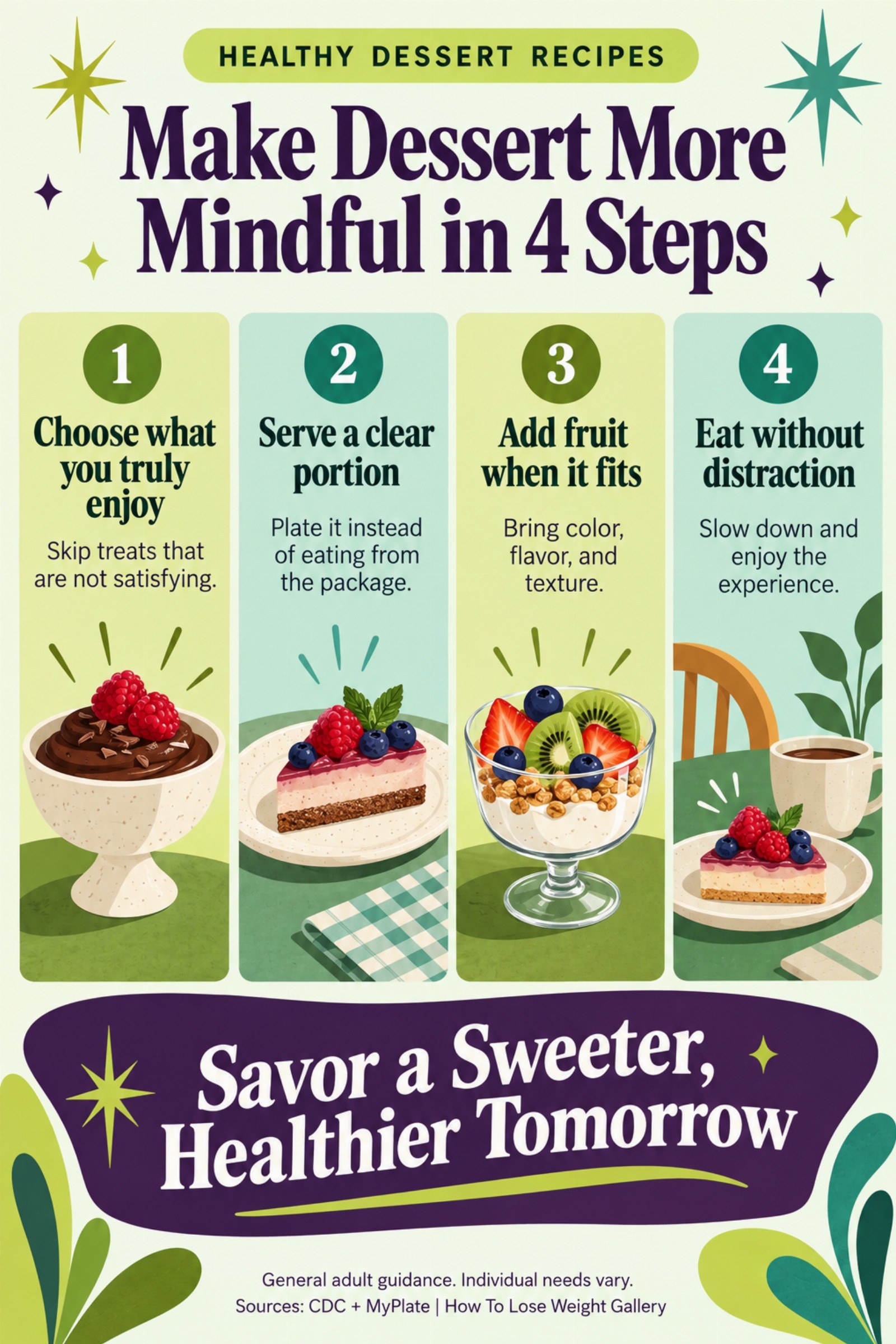 Colorful infographic titled Make Dessert More Mindful in 4 Steps with four illustrated tips for Healthy Dessert Recipes.