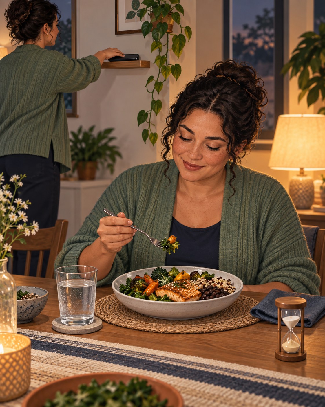 Two-step scene of a woman placing her phone away and eating a balanced dinner attentively