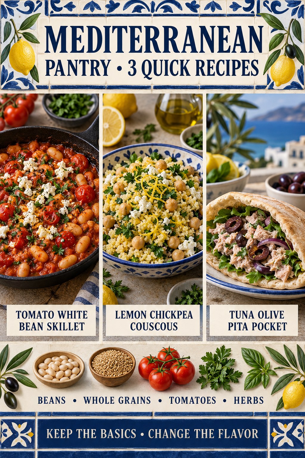 Three Mediterranean pantry meals: tomato white bean skillet, lemon chickpea couscous, and tuna olive pita.
