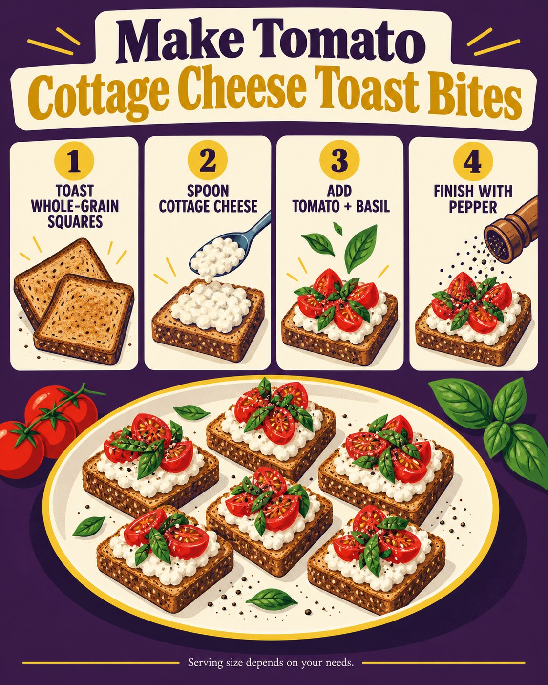 Deep purple and mustard infographic showing four steps for tomato cottage cheese toast bites.