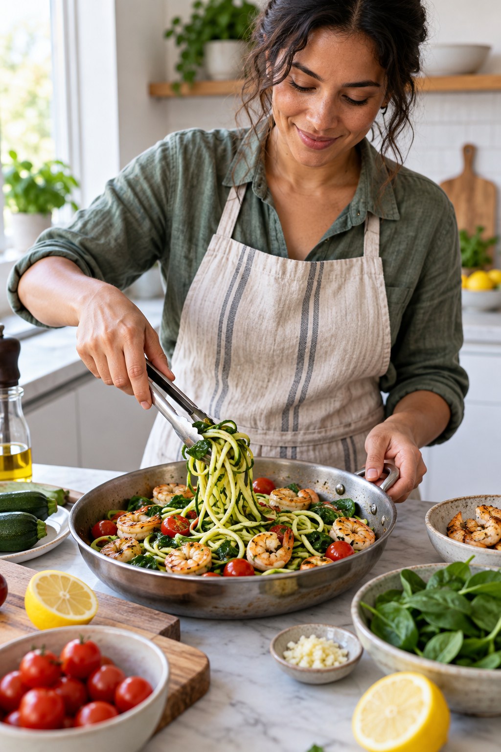 Adult home cook tossing zucchini noodles with shrimp, spinach, tomatoes, garlic, and lemon in a bright kitchen.