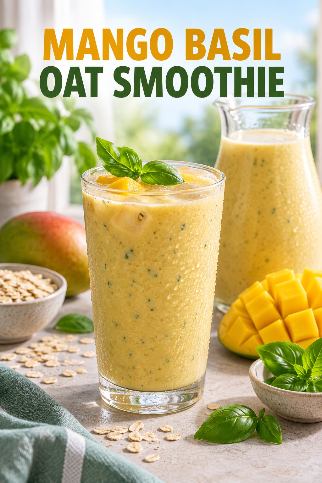 Portrait drink scene with mango, fresh basil, ice, and a chilled glass of oat smoothie.