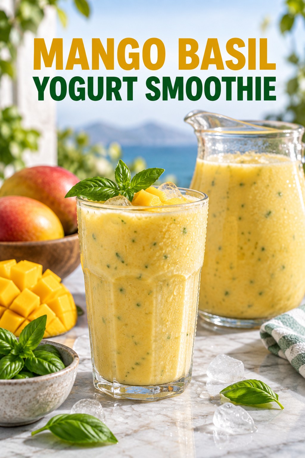 Portrait drink scene with mango, fresh basil, ice, and a chilled glass of yogurt smoothie.