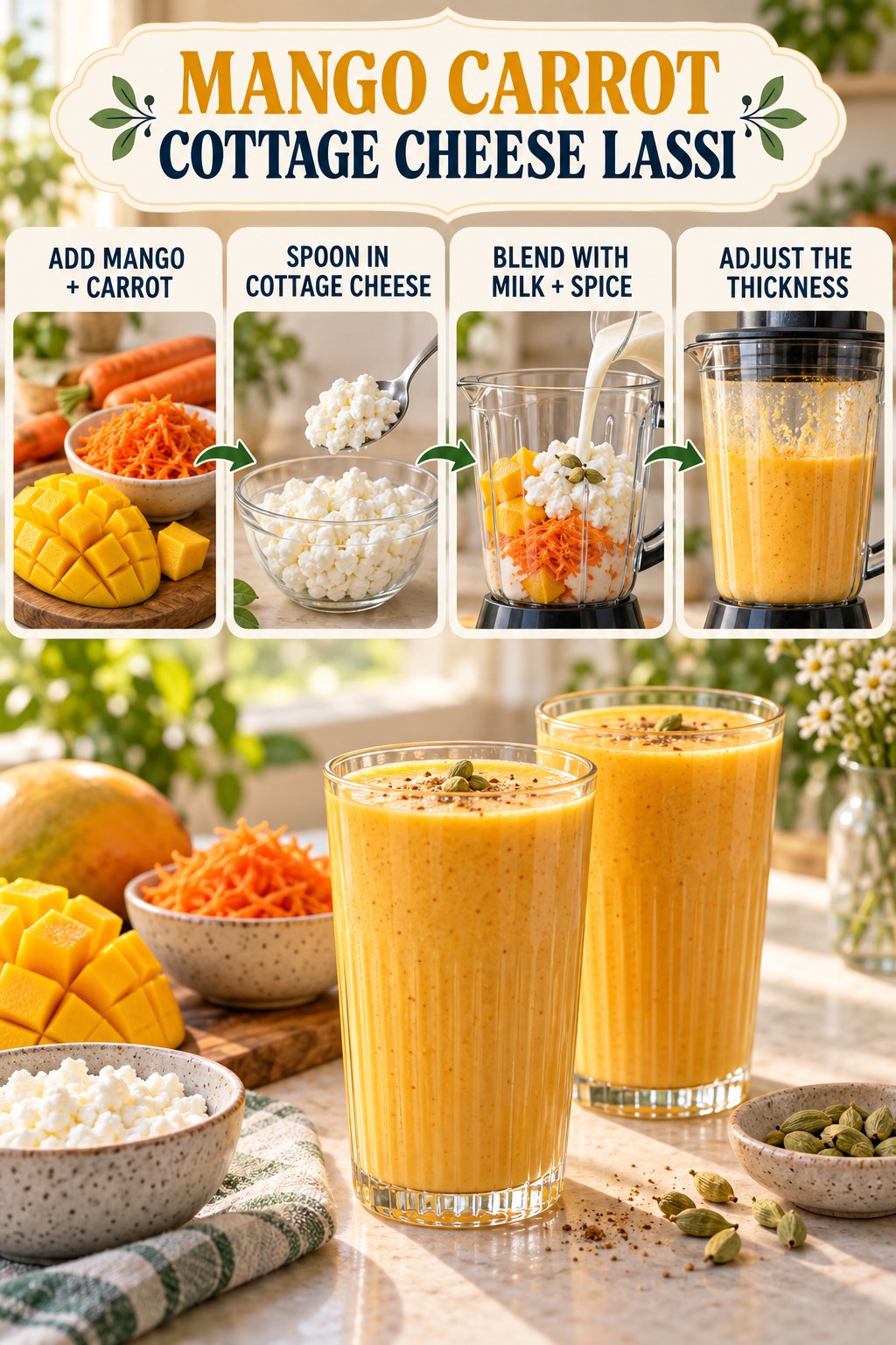 Mango carrot cottage cheese lassi infographic showing mango and carrot, cottage cheese, milk and spice, blending, and two golden glasses.