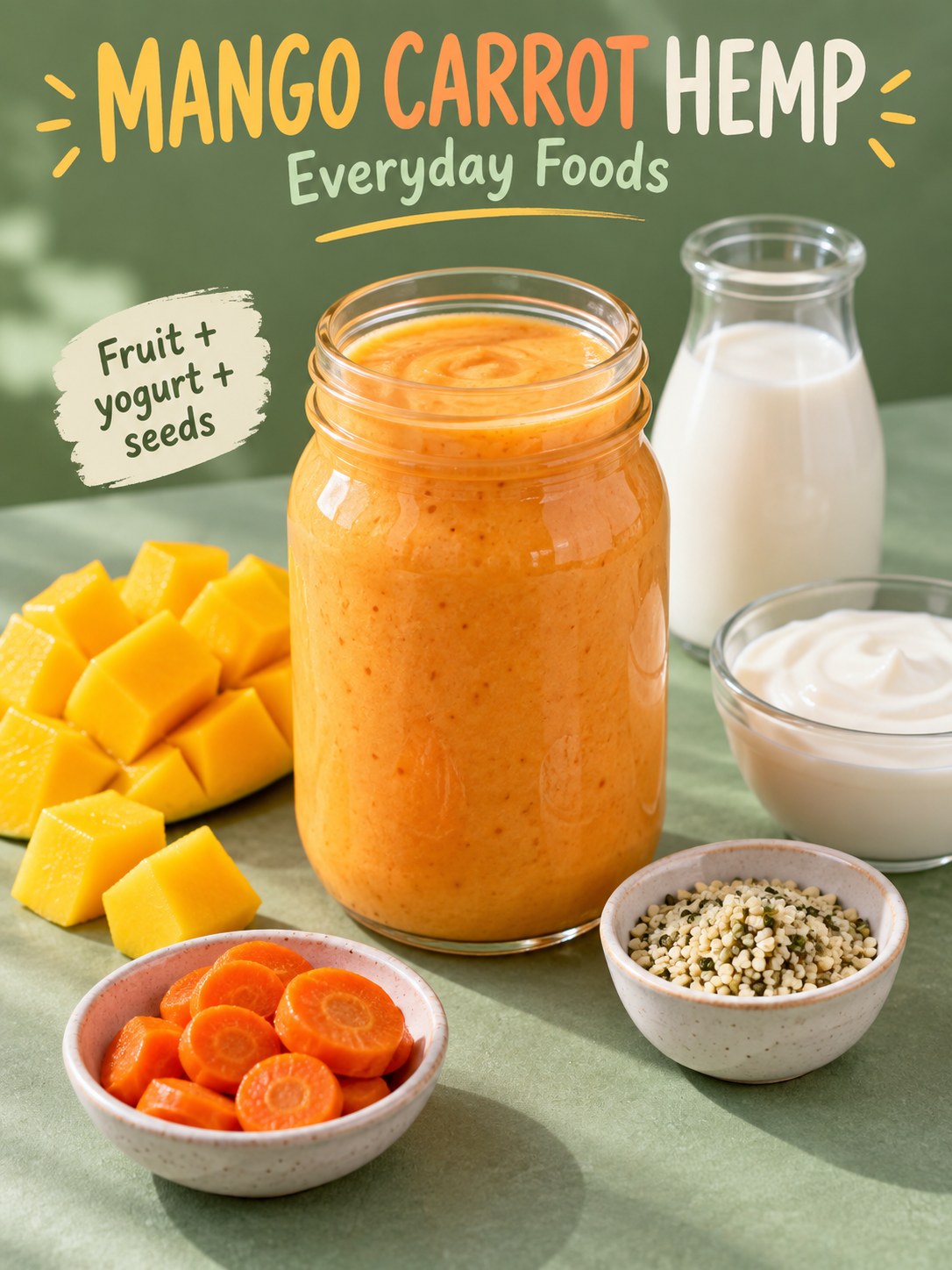 Orange mango carrot smoothie beside mango, cooked carrot, and hemp hearts, with Mango Carrot Hemp and Everyday Foods text.