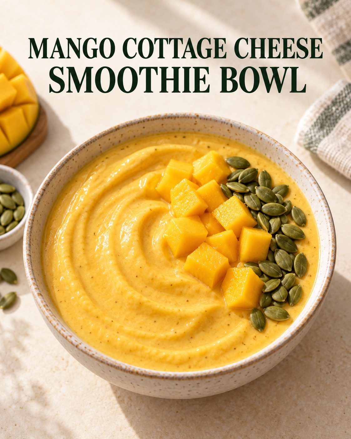 Golden mango cottage cheese smoothie bowl with mango cubes and green pumpkin seeds on a cream breakfast table.